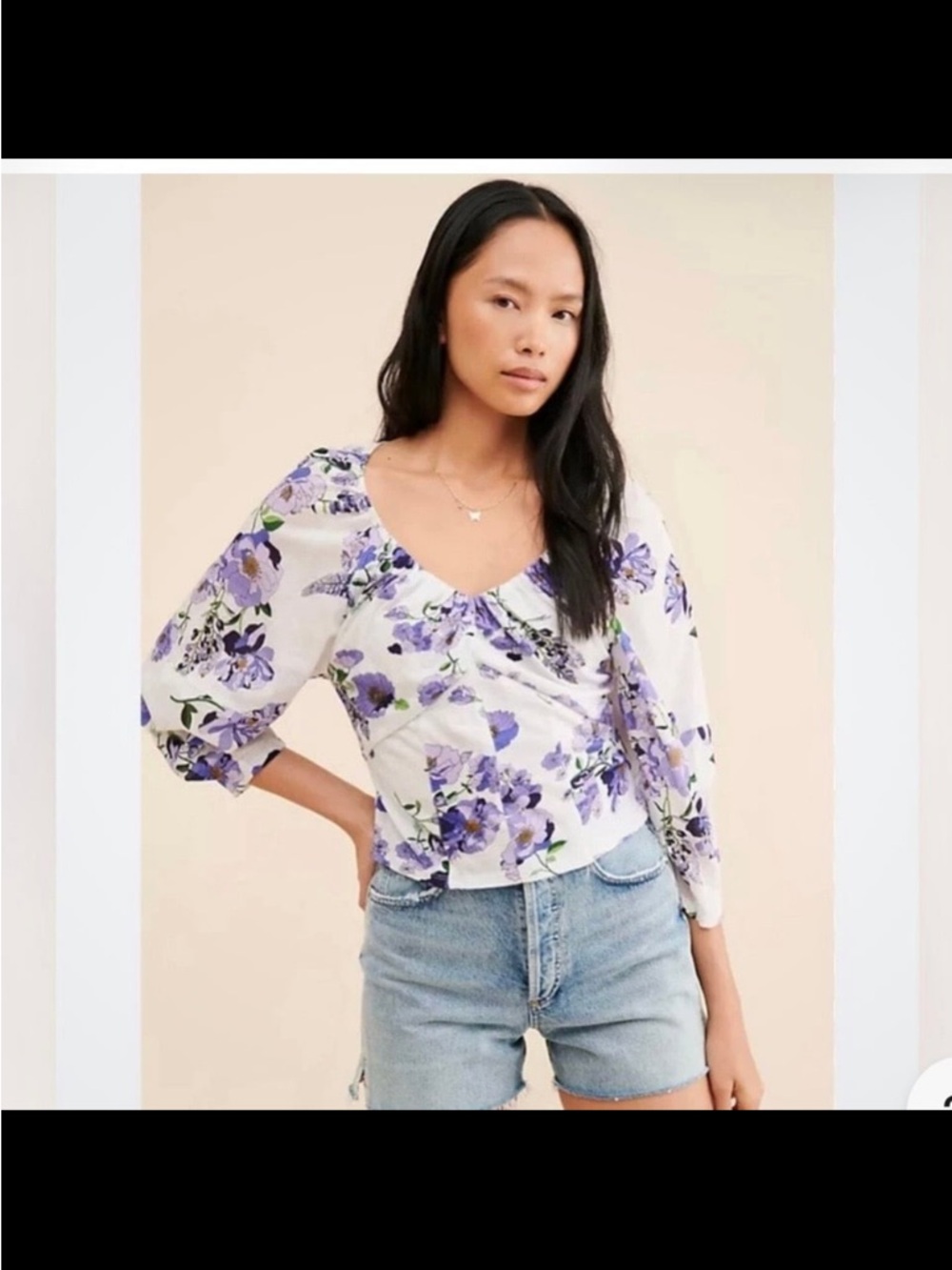 Anthropologie purple Puff-Sleeve V-Neck Blouse — White with Purple Floral size M